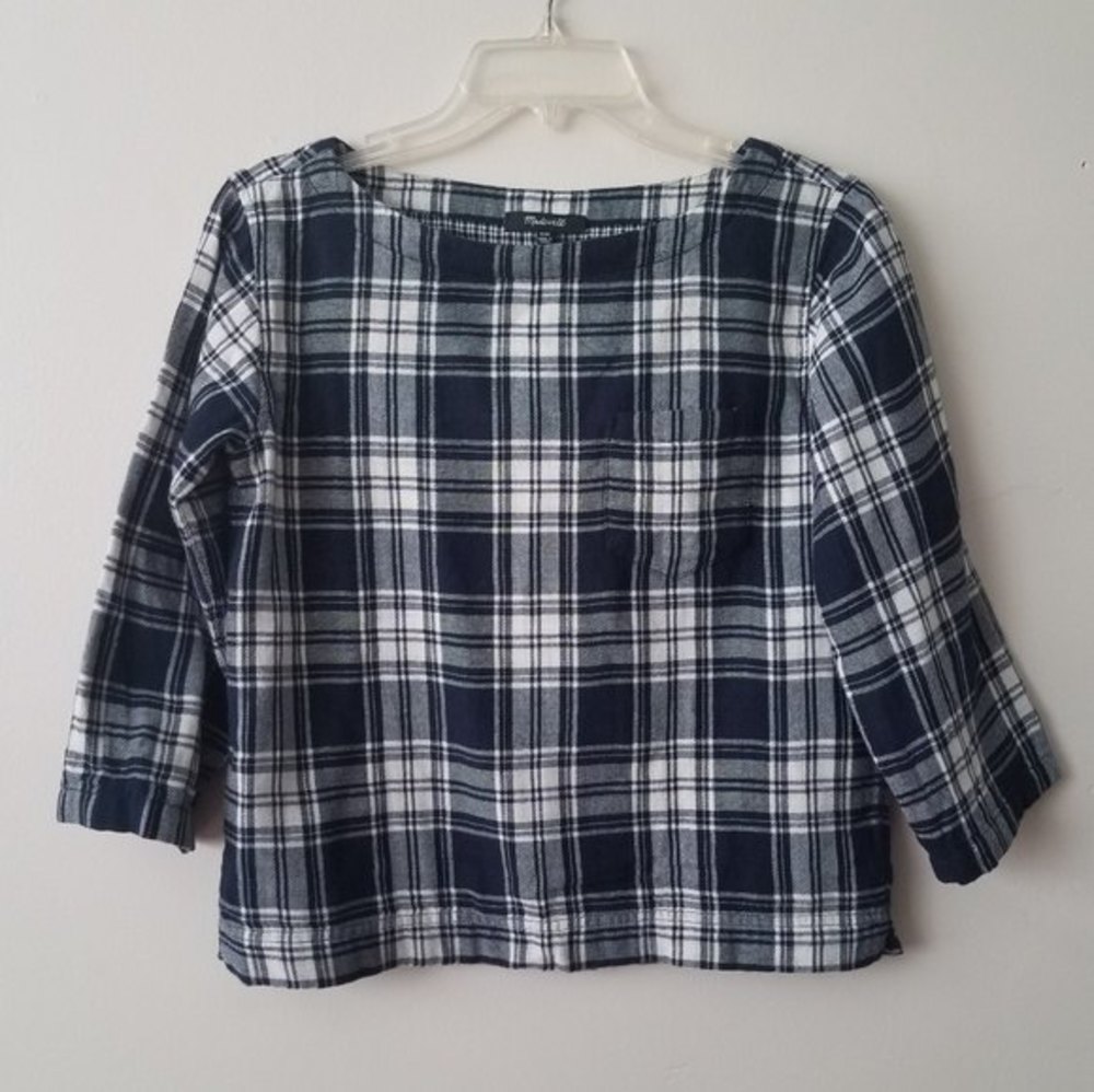 Madewell Navy and White Plaid Quarter Sleeve Top